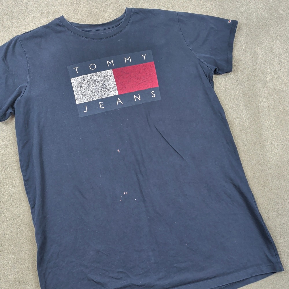 Tommy Jeans Size XL Mens Navy Blue Flag Logo Graphic T-Shirt Y2K Cotton LA-3